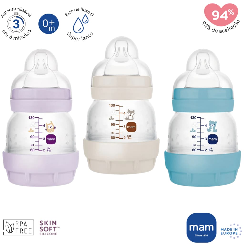 Mamadeira MAM Original Lacrada Easy Start 130ml AntiCólica Autoesterilizável Fluxo adaptável UNIDADE