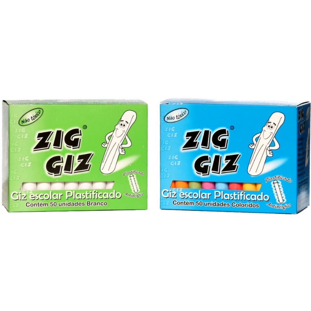 Giz Branco e Colorido Zig Antialérgico com 50 Unidades.