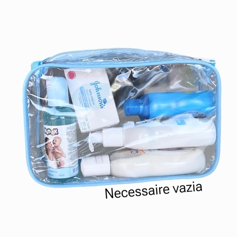 NECESSAIRE 23X15 TRANSPARENTE E AZUL MATERNIDADE HIGIENE PESSOAL BOLSA BEBÊ E MAMÃE ORGANIZE BOLSINHA FRALDAS LENÇOS