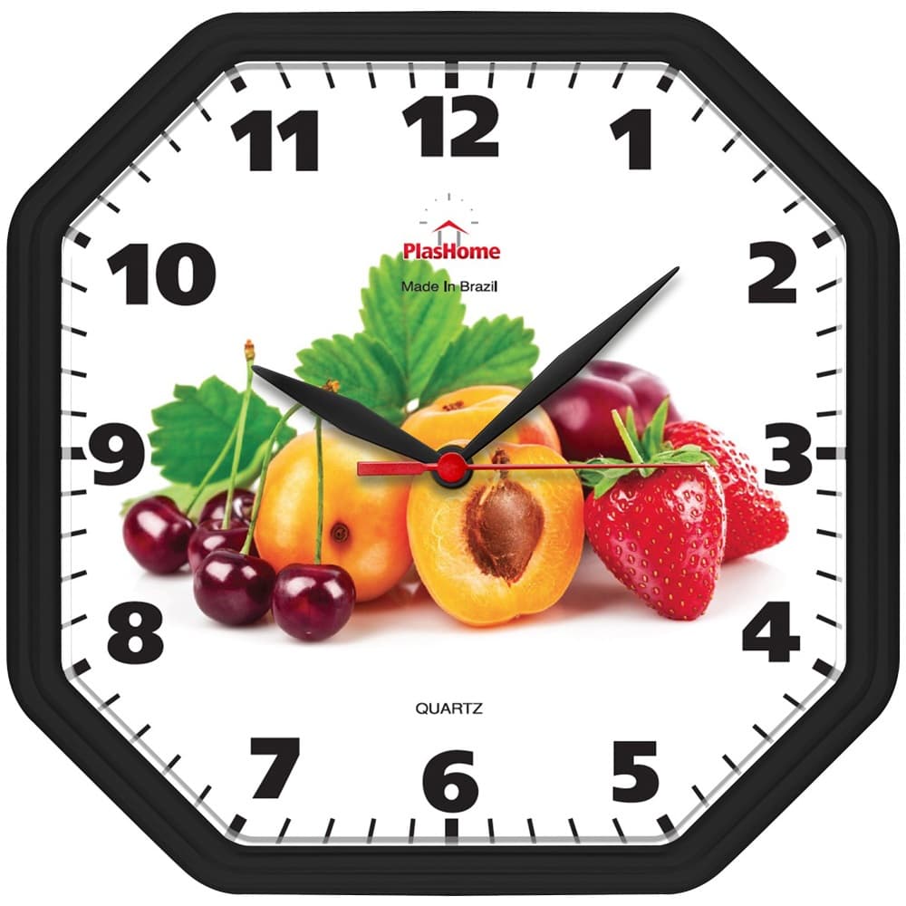 Relógio de Parede Gama Preto Fruta Oitavado Plashome Cozinha Sala Escritório