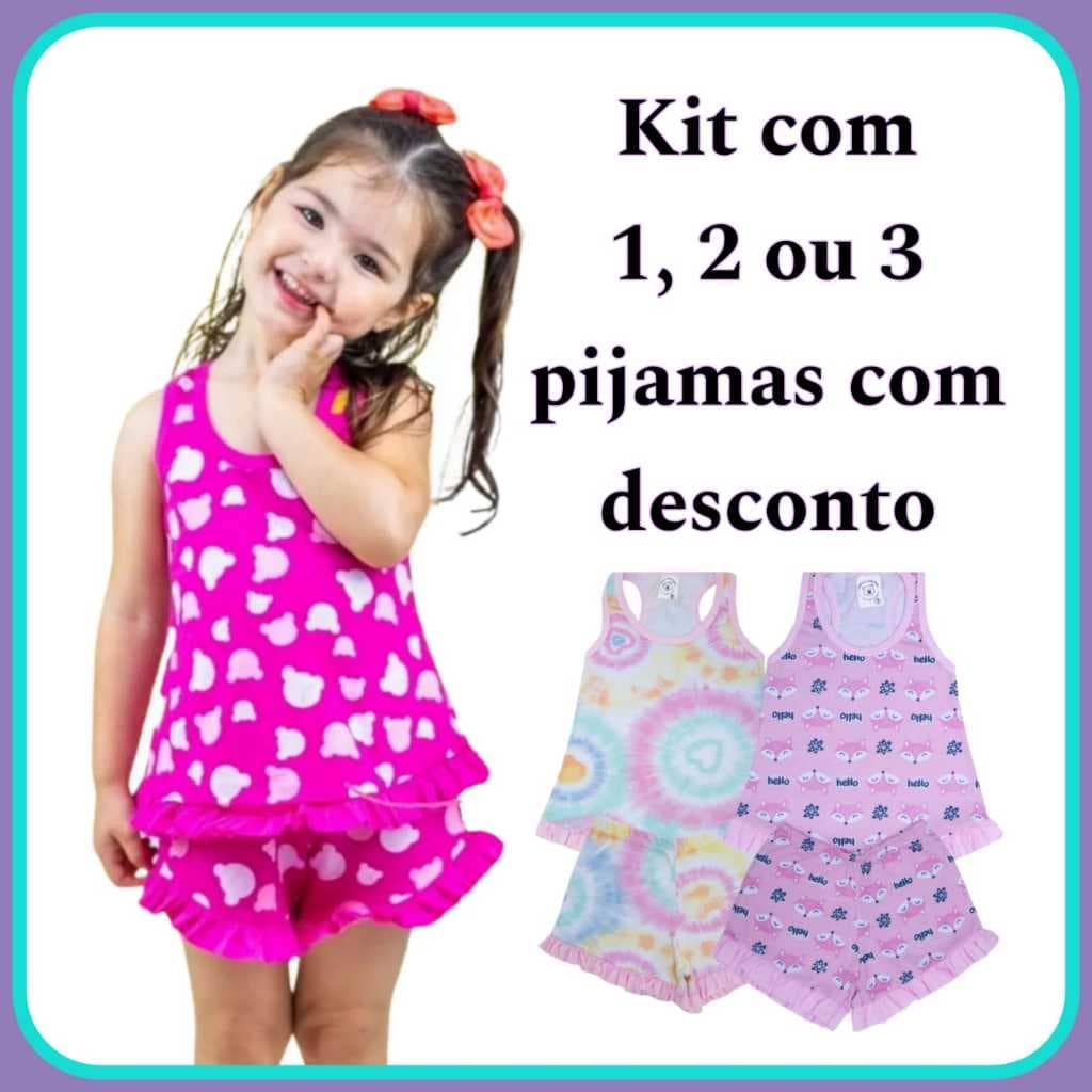 1, 2 ou 3 Pijama Regata Baby Doll com Babado Infantil Bebê Feminino 1 ao 16