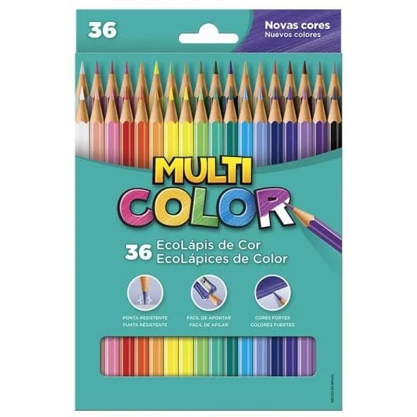 Lápis de Cor Multicolor 36 Cores – Escolar Completo, Econômico para Desenho e Pintura – Kit