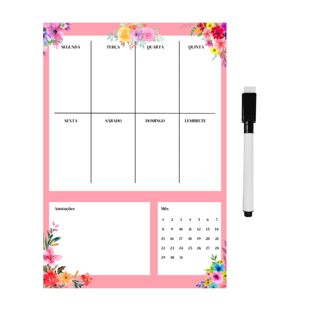 Ima De Geladeira Lembrete Organizador Planner Mensal Semanal Planejamento Magnético Rosa Com Caneta