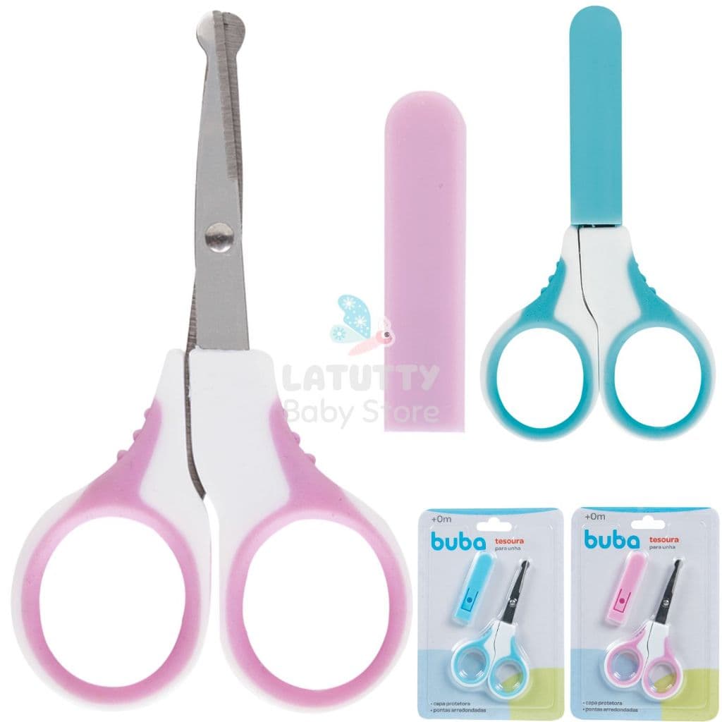 Tesourinha Bebê Buba Ponta Arredondada Com Capinha Rosa e Azul Tesoura Unha Bebe RN