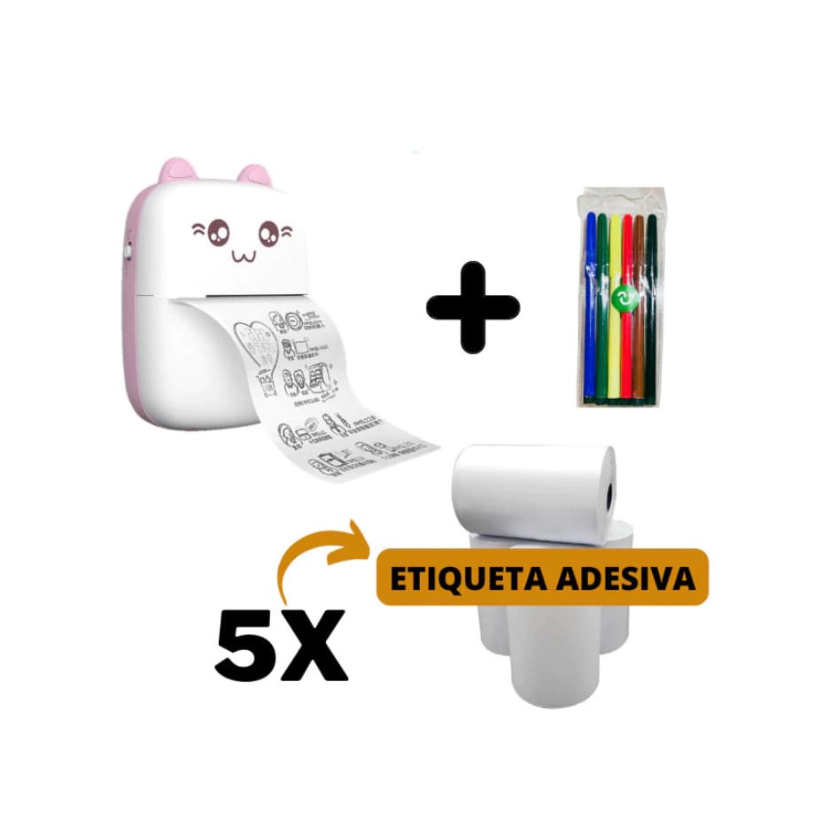 Mini Impressora Térmica Portátil Gatinho + 5 Rolos Adesivos