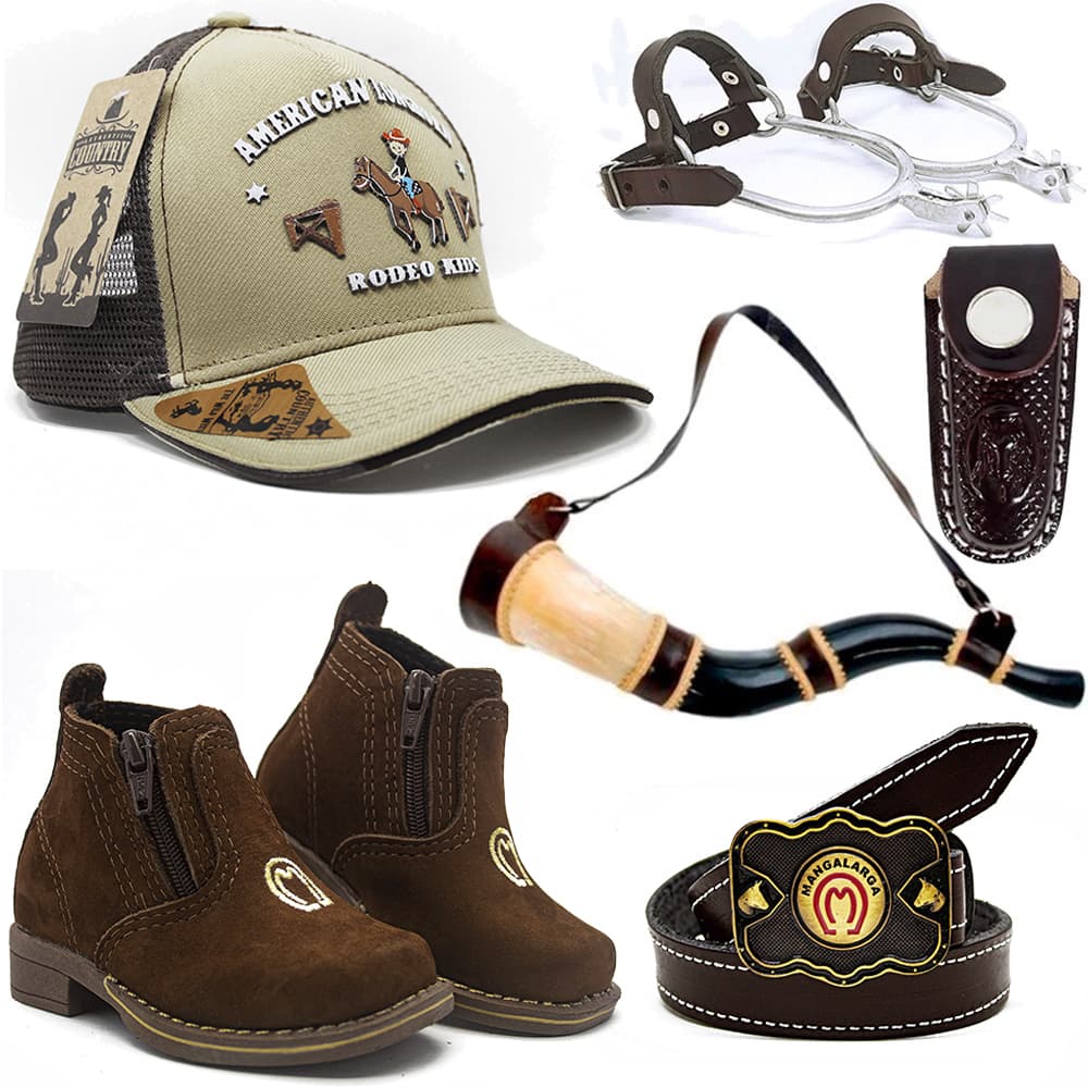 Kit Infantil Botina Country + Bone Kids Peao + Cinto Couro + Berrante Mirim Natural + Espora + Bainha CV