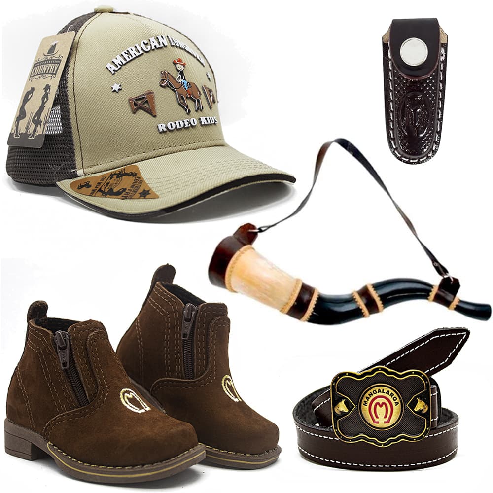 Kit Infantil Botina Cowboy + Bone Kids Cowboyzinho + Cinto Couro Mm + Berrante Mirim + Bainha CV