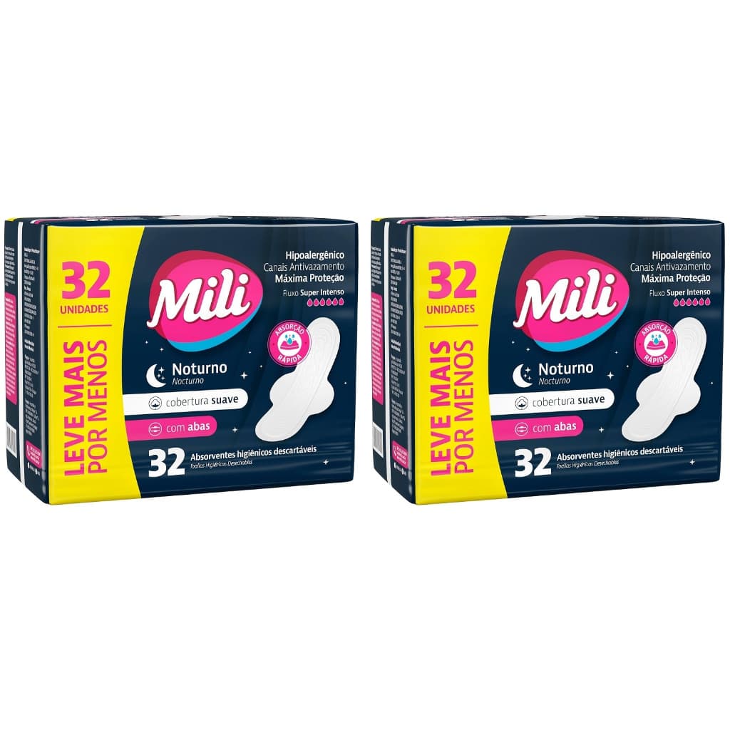 Kit 2 Pacotes Absorvente Mili Noturno Suave c/abas -32un cada - Total 64un