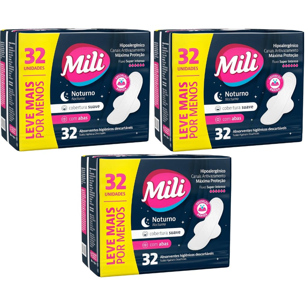 Kit 3 Pacotes Absorvente Mili Noturno Suave c/abas - 32un cada -Total 96un