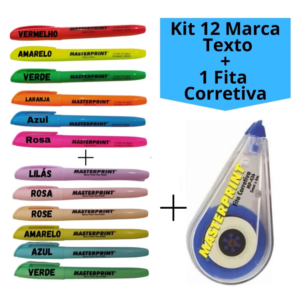Kit 12 Marca Texto (6 Neon + 6 pastel) + 1 Fita Corretiva Masterprint