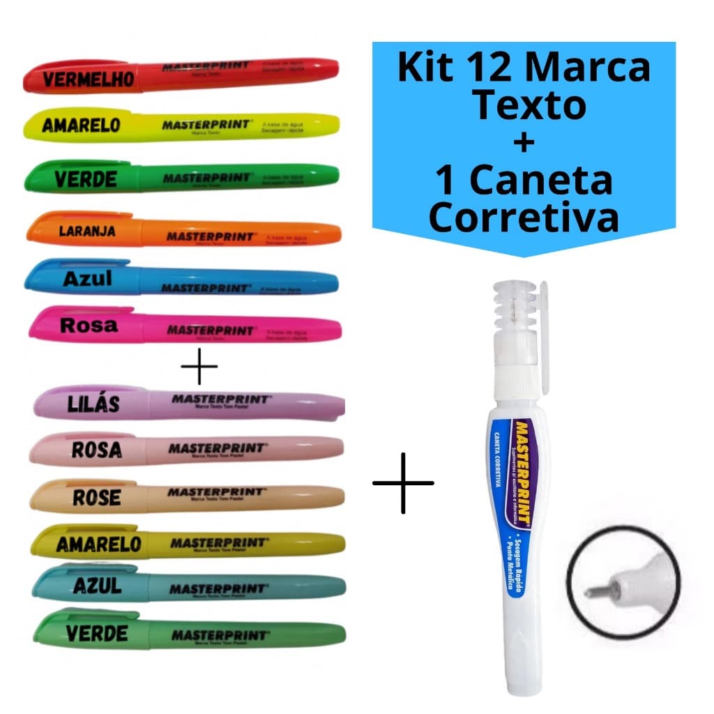 Kit 12 Marca Texto (6 Neon + 6 pastel) + 1 Caneta Corretiva Masterprint