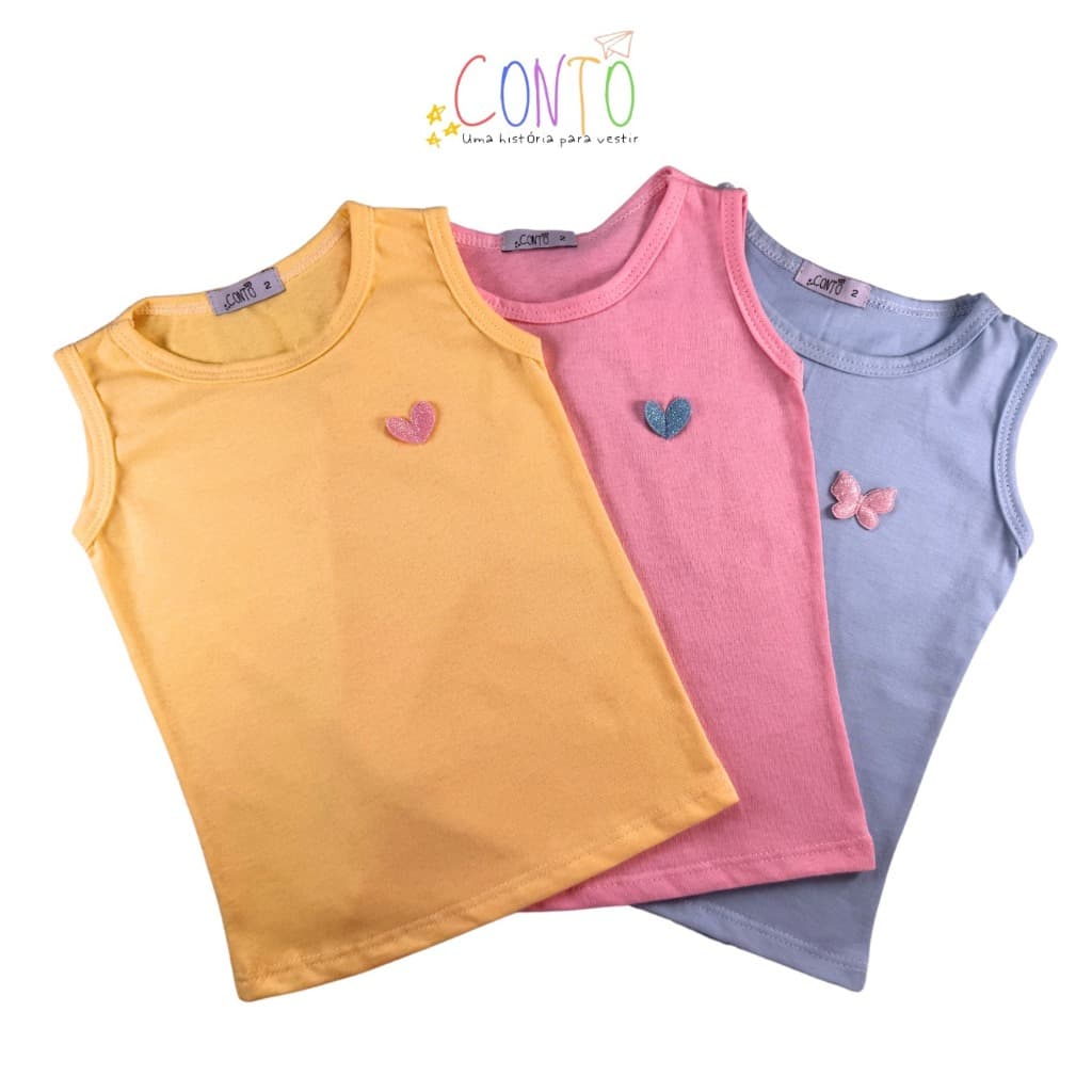 kit 3 blusa regata infantil menina com aplique blusa