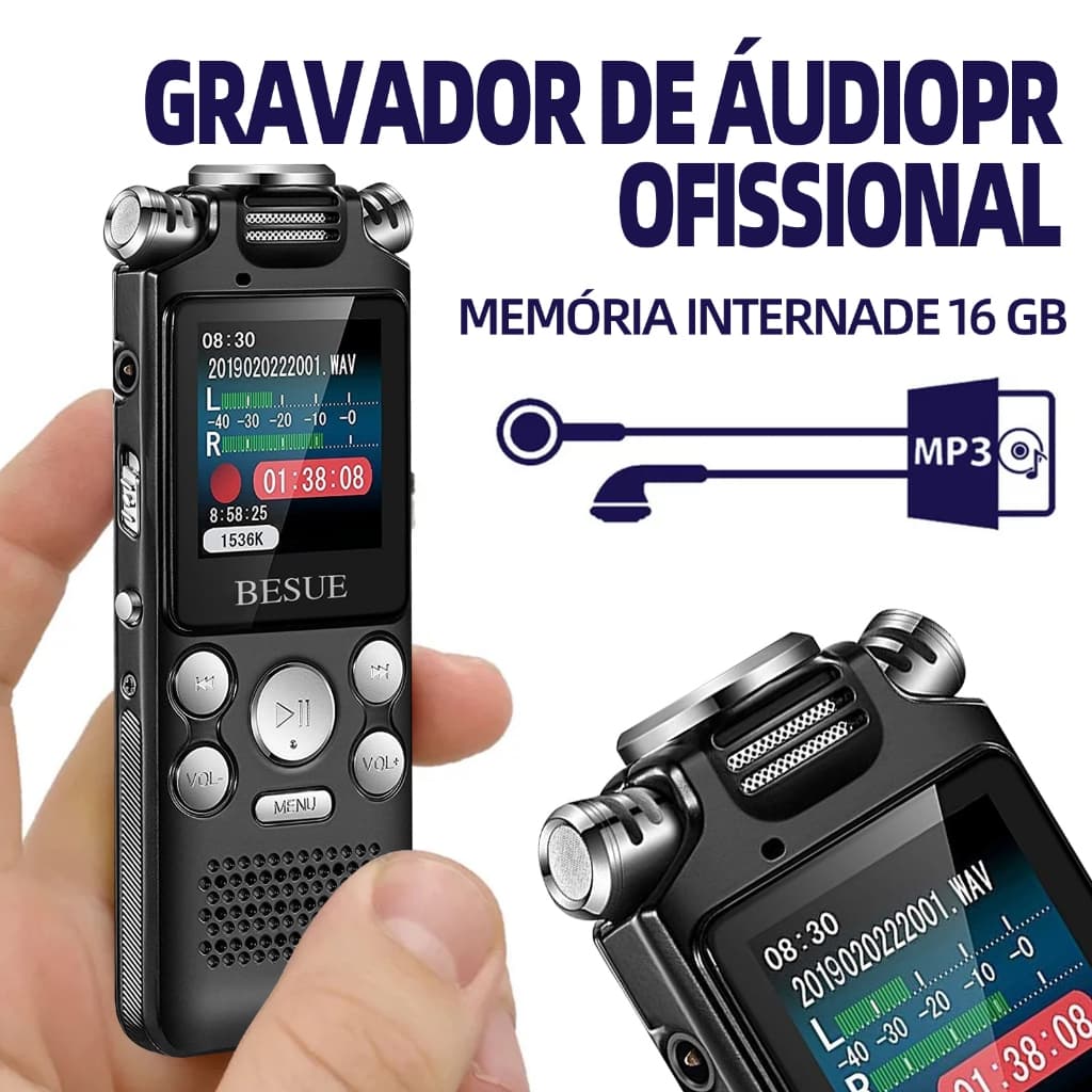 Gravador De Voz Digital De 16GB Gravação De Redução De Ruído Com Leitor De Música MP3 De Reprodução HD 1536KBPS
