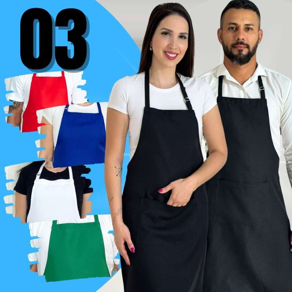 Avental Com Bolso Kit 03 Unidades Corpo Inteiro Garçom Oxford Liso Cozinha Ajustável
