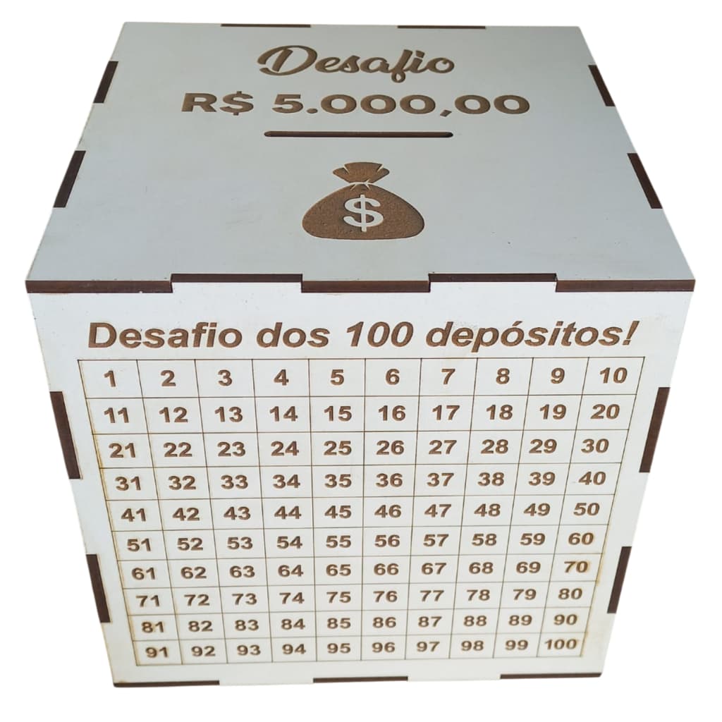Cofre MDF Desafio 1Mil / 5Mil / 10Mil / 20Mil - Caixa De Madeira - Escolha Sua Meta E Realize Seus Sonhos