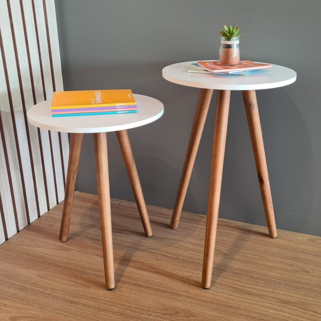 Jogo de Mesinhas Lateral E Apoio De Sofá Pe Palito de Madeira Sala Quarto