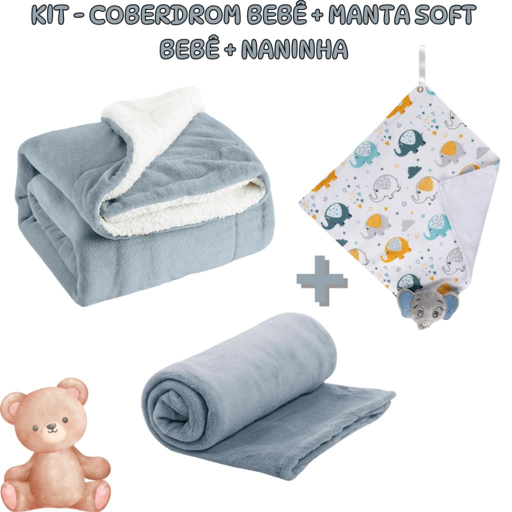 Kit 3 Itens Especial Bebê - Coberdrom Sherpa + Manta Soft + Naninha Para Berço