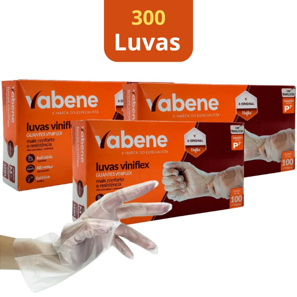 Kit 300 Unid Luva Descartável Viniflex Preta / Transparente Vabene Sem Pó Tam. P - M - G