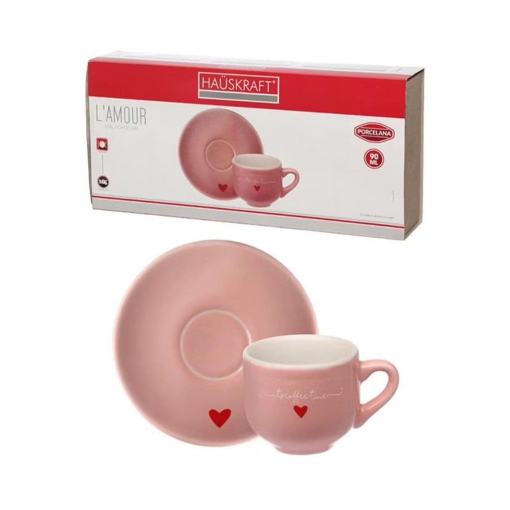 Jogo de Xícaras Linha Lamour Rosa da Hauskraft 12 peças 6 xícaras e 6 pires