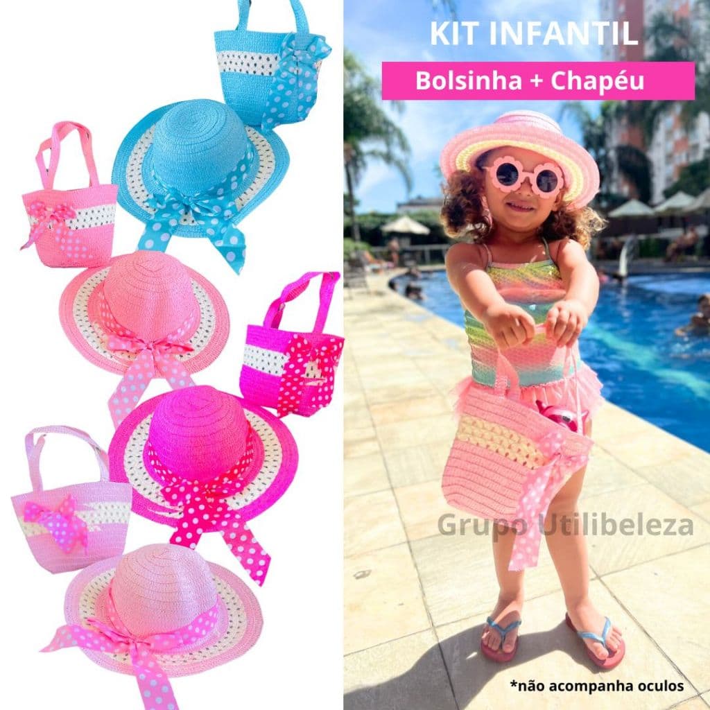 Kit Infantil Chapéu + Bolsinha Moda Praia Piscina Passeio Verão