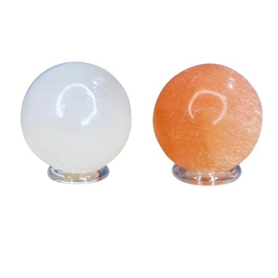 Esfera Selenita Branca Selenita Laranja com Base Pedra Natural Lapidada