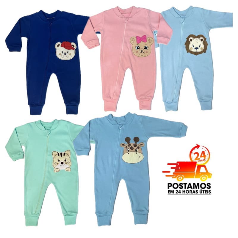 Macacão de Bebê Bordado de Zíper com vira pé - Suedine 100% algodão