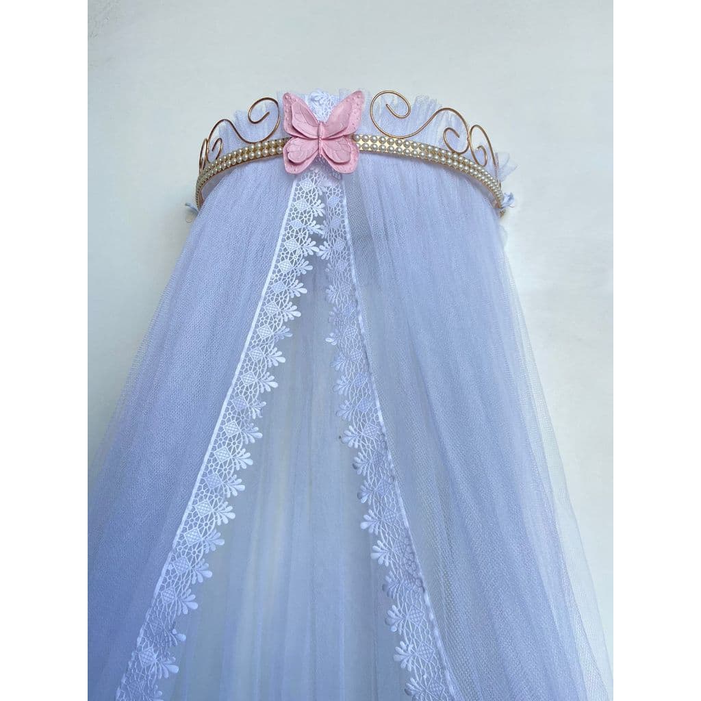 Dossel Perolas Dourado E Borboleta Rosa + Mosquiteiro Incluso