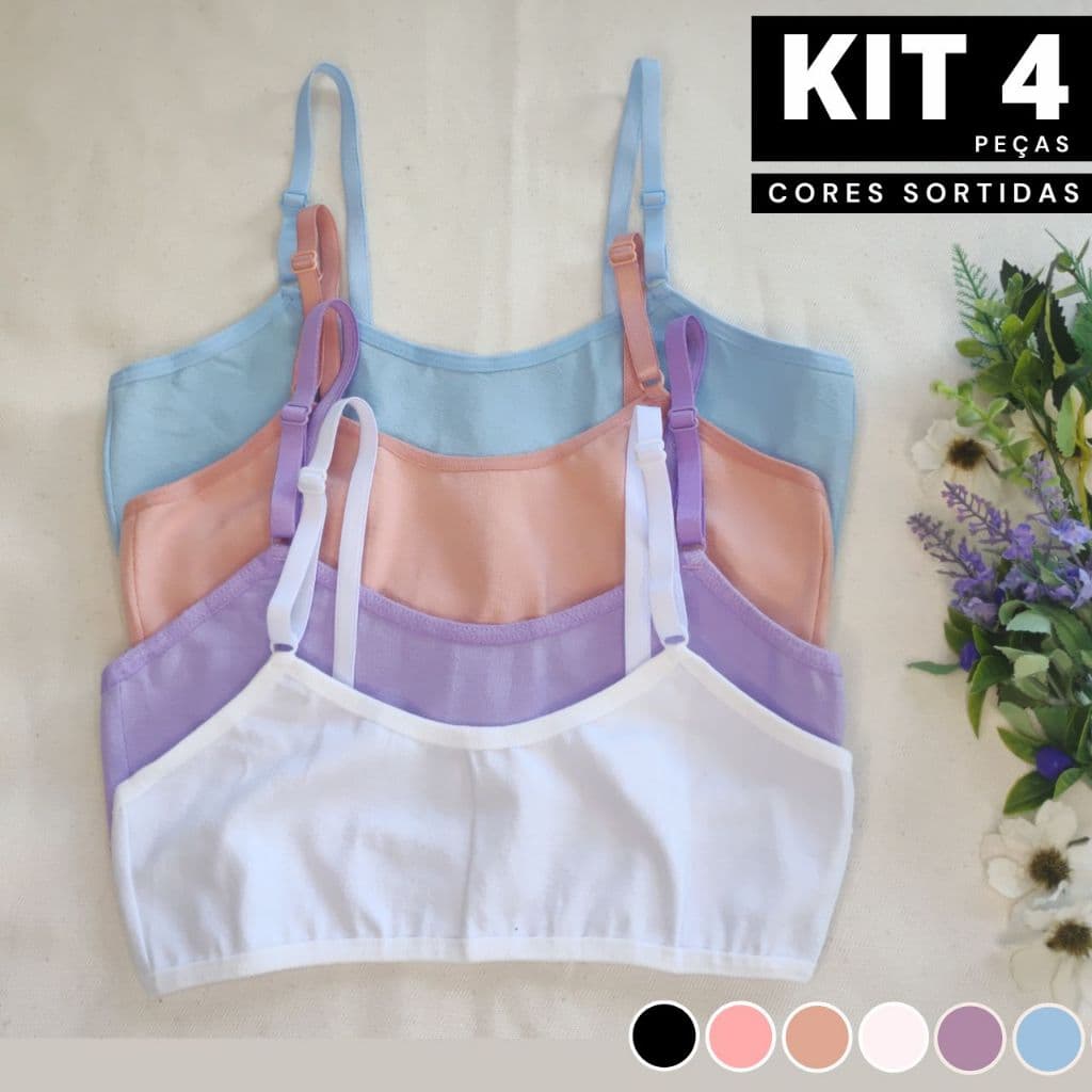 Kit 4 Sutiã Infantil Menina Moça Juvenil Algodão Liso Maya Confortável Colegial Sem Bojo Promoção