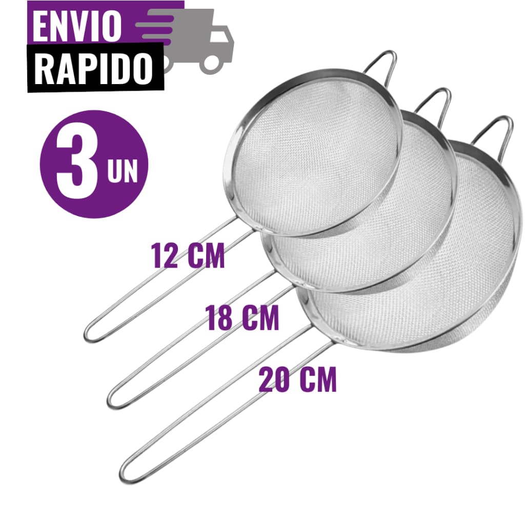 Kit 03 Peneira Coador Manual Em Aço Inox Para Cozinha  12cm 18cm 20cm
