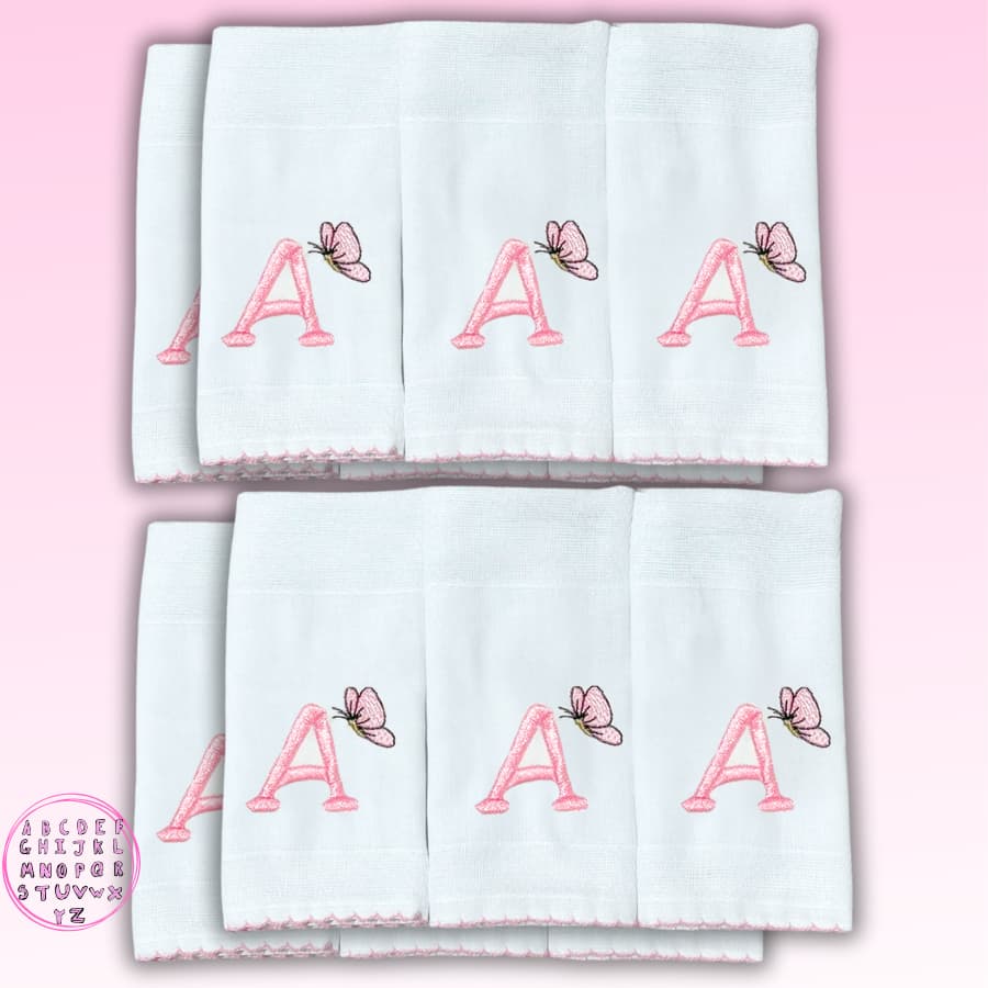 Kit 10 Boca Fralda Personalizado Com Inicial Do Nome Do Bebe Menino Menina Hipoalergênico Bordado