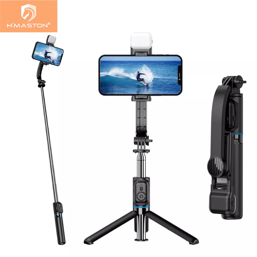 H'maston ZP-007 Bastão Pau De Selfie Bluetooth Tripé Com Led Luz E Controle