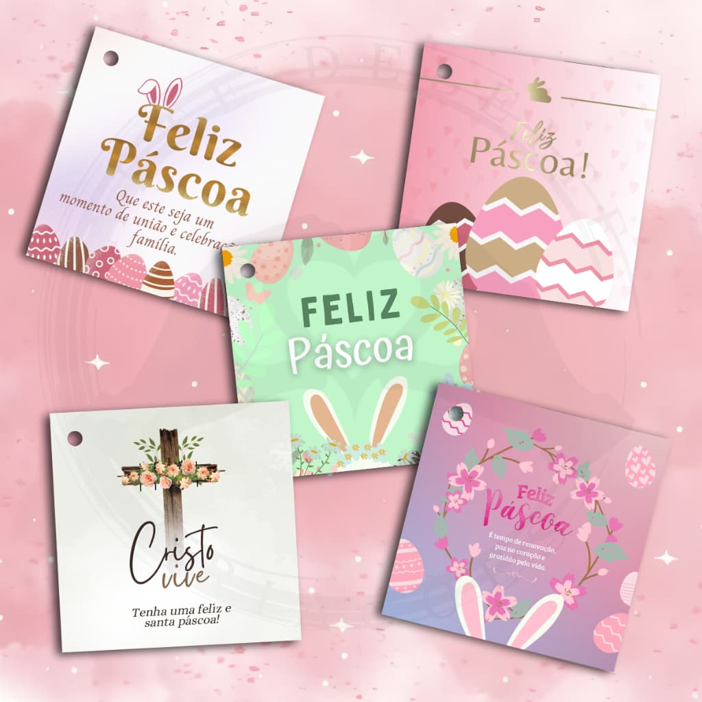Cartão/Tags Feliz Páscoa 4,5x5cm - Com Furo - Mimo Páscoa - Cartão com Coelho Páscoa - Motivacionais