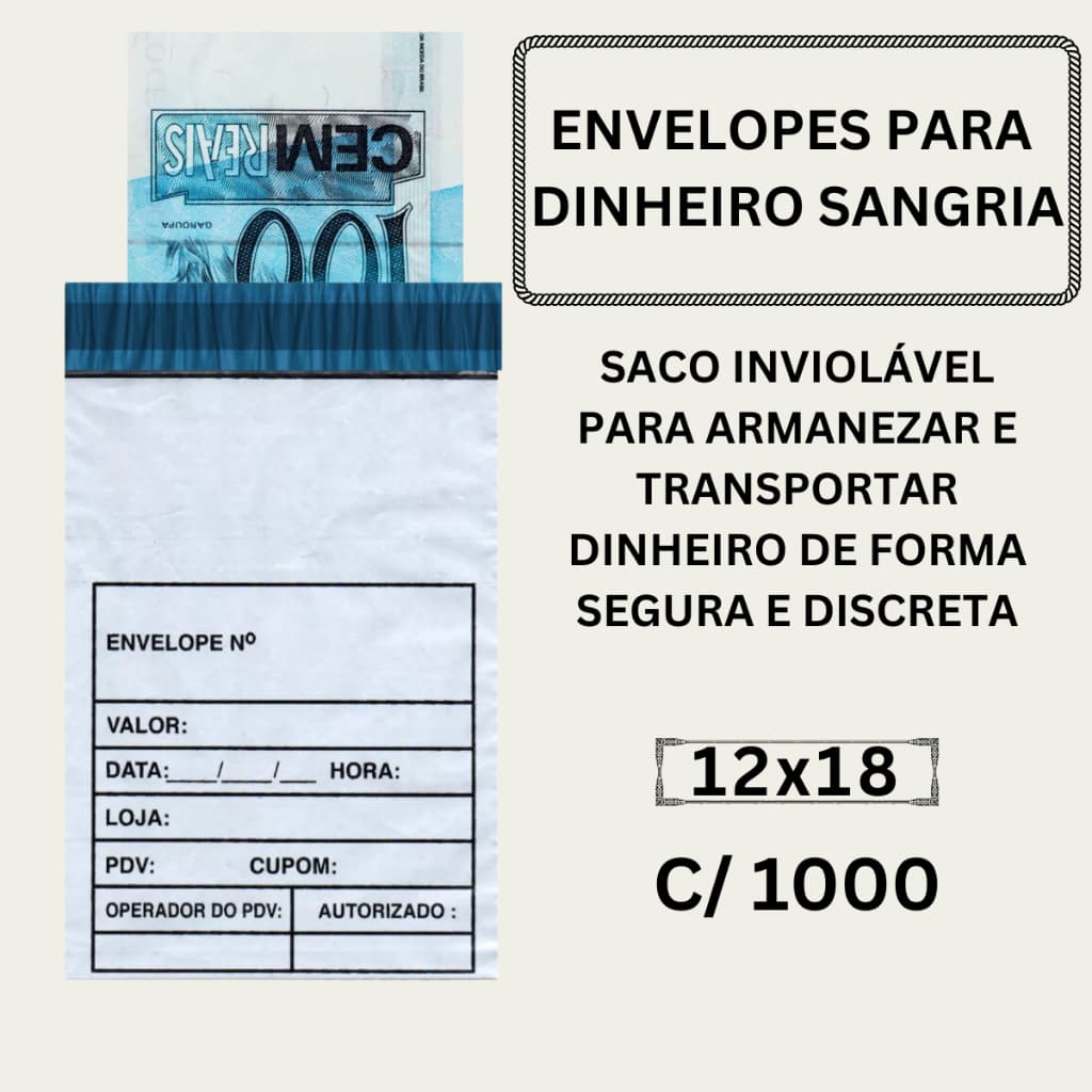 Envelope Sangria Para Dinheiro De Segurança 1000 Unidades 12x18 Com Lacre Inviolável