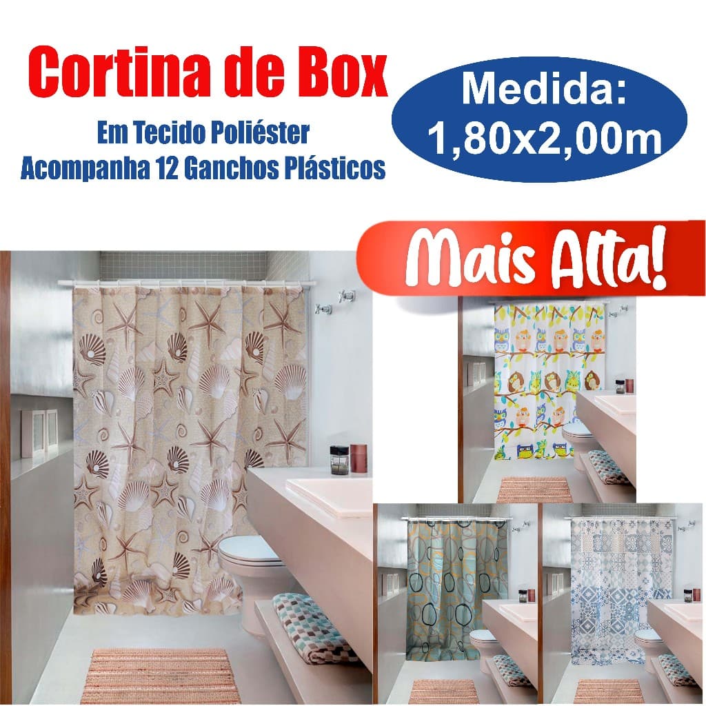 Cortina de Box Poliéster 200x180cm para Banheiro Decoração Grande Estampas Coruja Conchas Azulejos