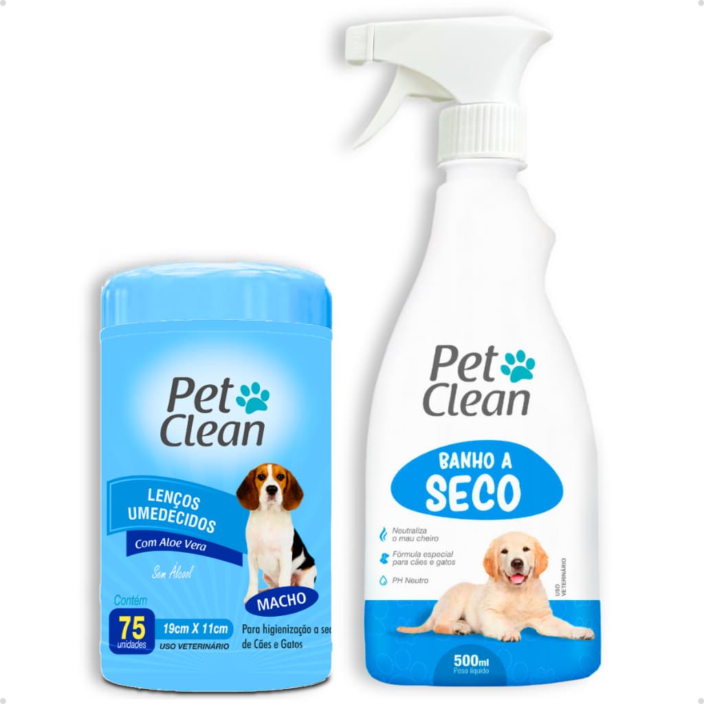Kit Banho a Seco + Lenço Umedecido para Cães e Gatos Banho Sem Enxágue Pet Clean