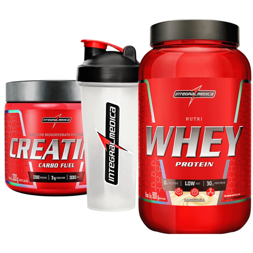 Kit Coqueteleira 600ml + Nutri Whey Pote 900g + Creatina 300g - Integral Médica