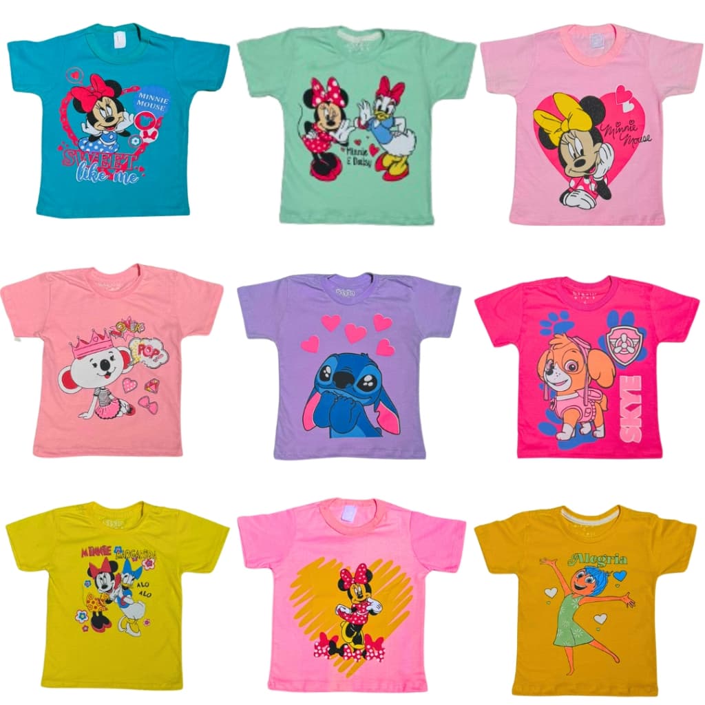 Kit 5 Camisetas Infantis Femininas – Confortáveis, Estampas Sortidas e Secagem Rápida (Tamanhos 2 a 8)