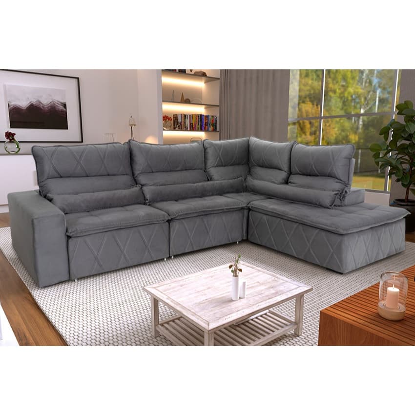 Sofá De Canto Amsterdam Cinza Molas Retrátil Reclinável - King House