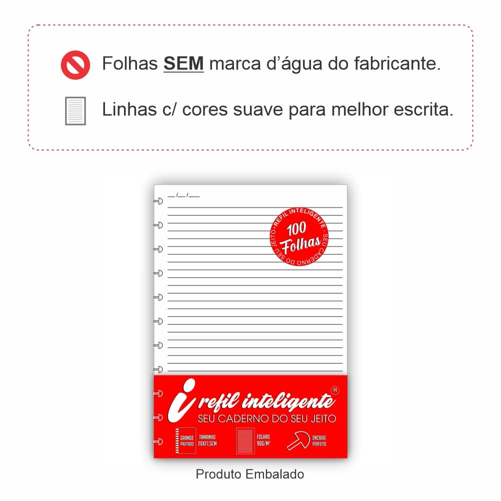 Refil Caderno Inteligente Grande Pautado 90g 100 folhas com 12 Furos