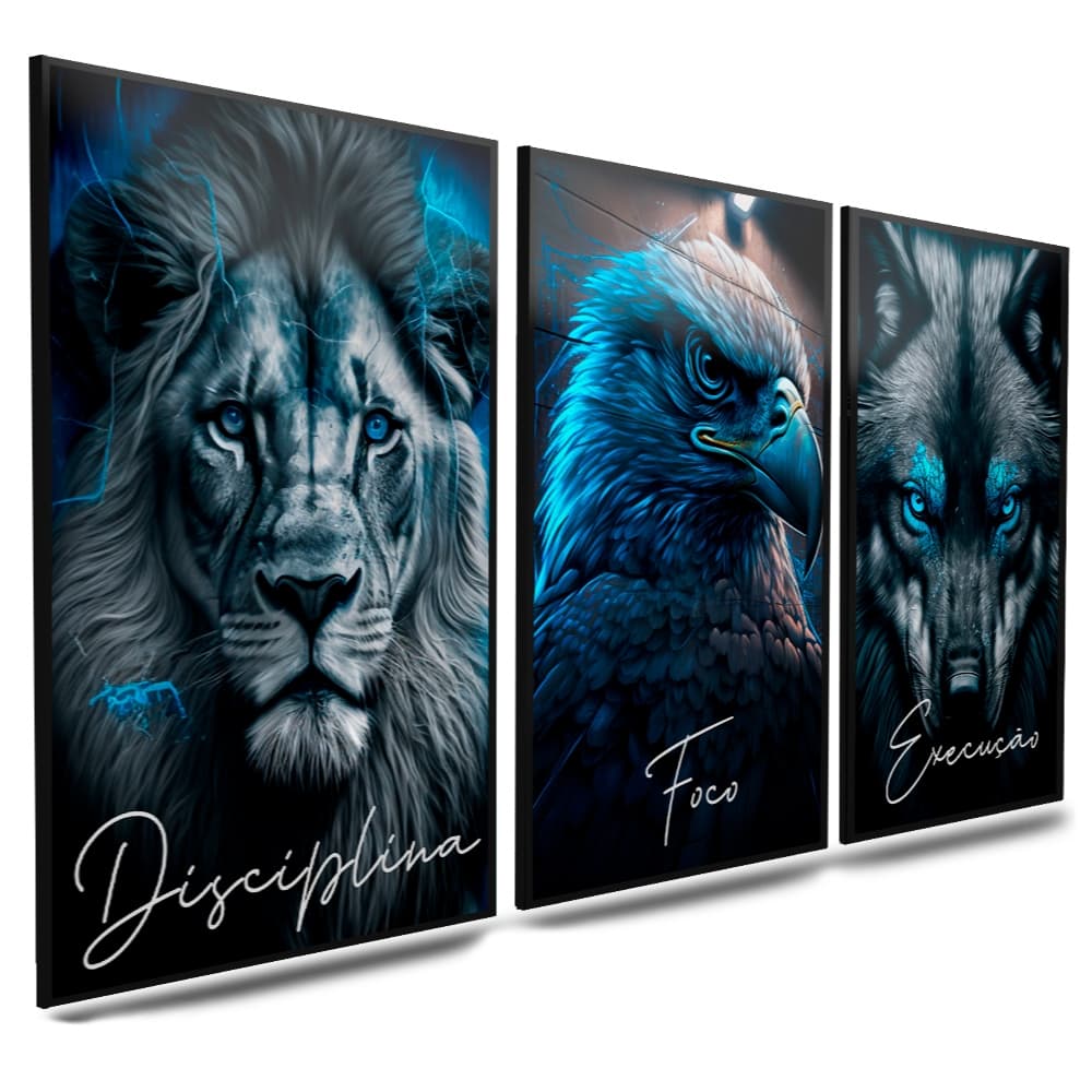 Kit 3 Quadro Decorativo Sala Quarto Leão Águia Lobo Motivacional Disciplina Foco Execução