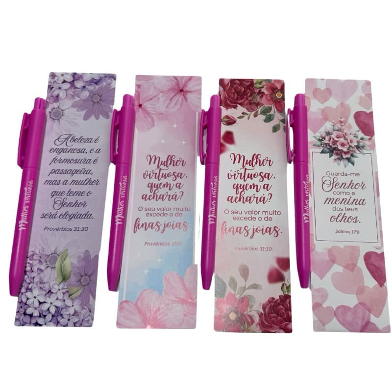 Kit marca páginas+caneta dia da mulher-mulher virtuosa- kit com 25 unidades