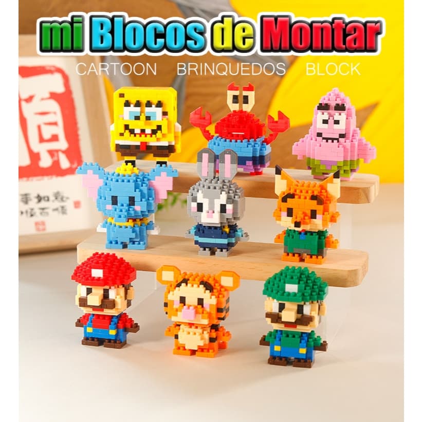 Mini Blocos de Montar Coleção Personagens: Mario, Pokémon e Stitch - Brinquedo de Construção