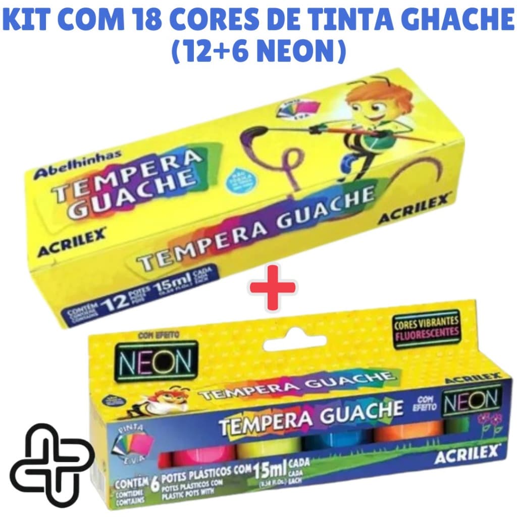 Tinta Guache 12 ou 18 Cores Tradicionais e Neon - Acrilex