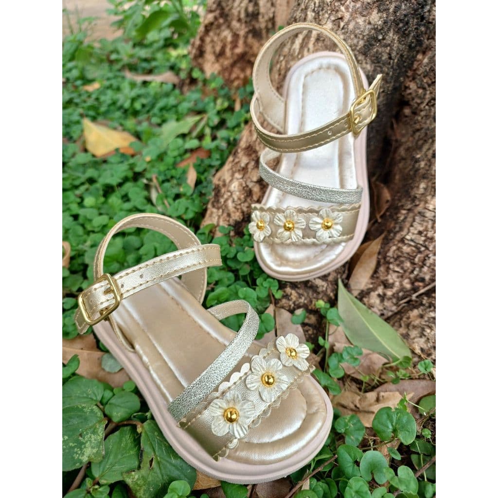 Sandália Infantil Feminina Tiras com Flor Brilho Delicada Rasteira Menina Criança Macia Confortável