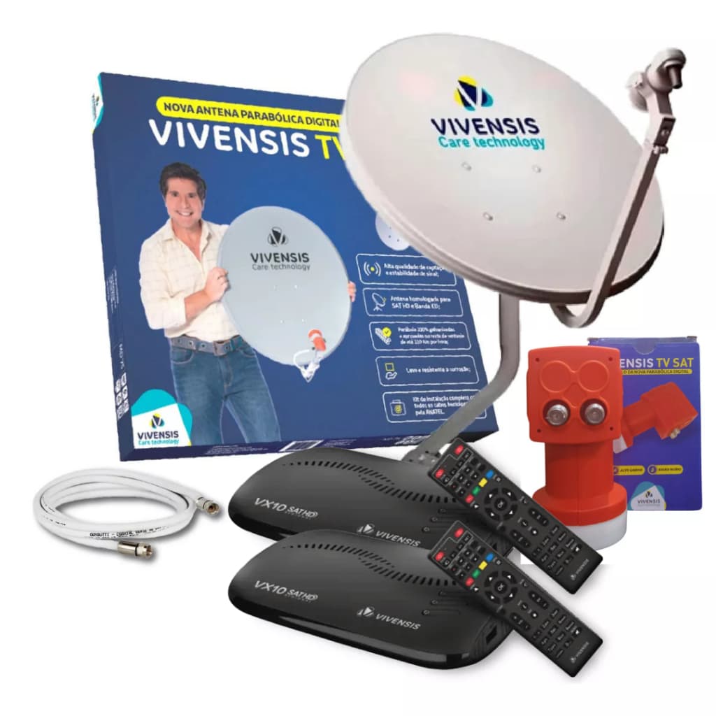 KIT 2 PONTOS - RECEPTOR DE TV VIVENSIS VX10 SAT HD + ANTENA BANDA KU + LNBF DUPLO + CABO