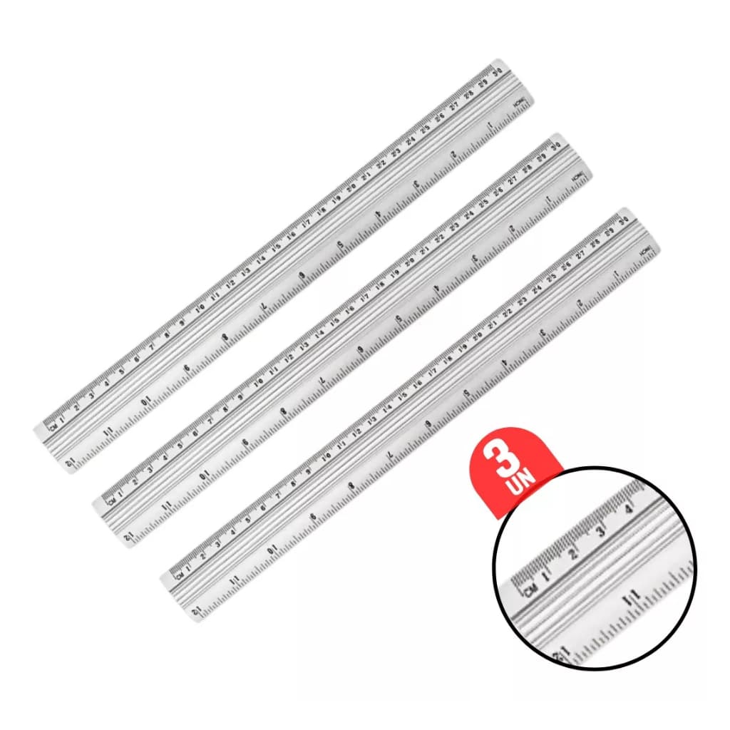 Kit 1/3/6/9 Réguas Alumínio 30cm Escolar Material Milimetro Polegadas Volta as Aulas Escritório Papelaria Aço Inoxidavel