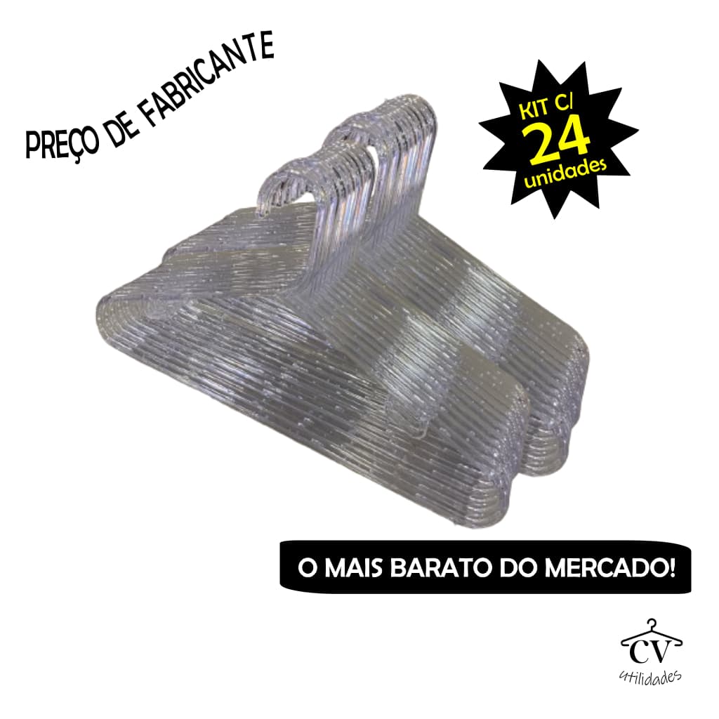 Cabides De Acrilico Transparente Grande Reforçado 24 Unidades Kit