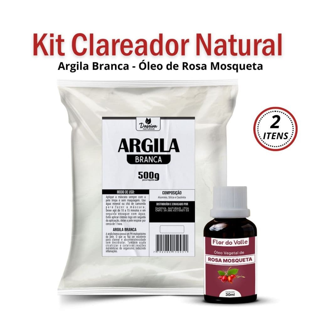 Argila Branca 500g Daseiva Naturais + Óleo de Rosa Mosqueta Rubiginosa (Clareador Natural)