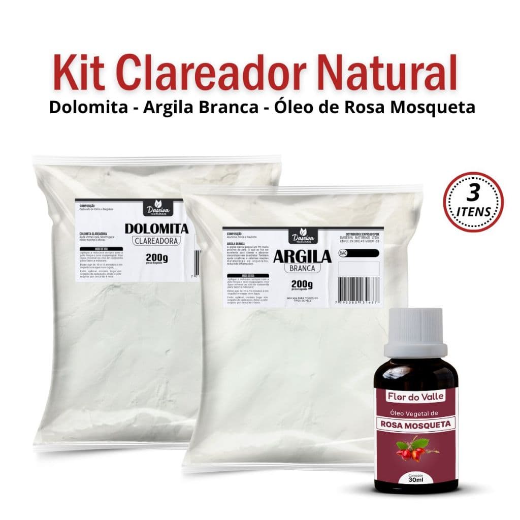 Argila Branca 200g + Dolomita Clareadora 200g + Óleo Rosa Mosqueta Rubiginosa (Super Clareador)