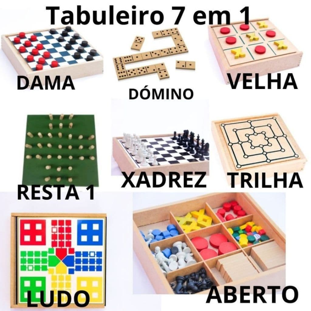 Jogo de Tabuleiro 7 em 1 Jogos Clássicos Dama Xadrez Trilha Velha Dominó Resta Um Ludo